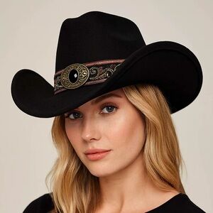 Boho Concho Buckle Embroidered Band Accent Western Cowboy Hat